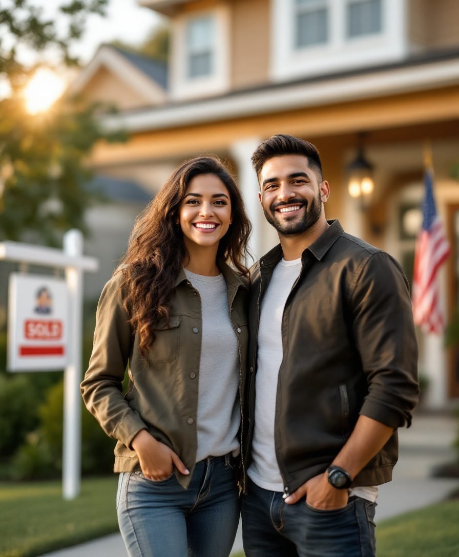 Happy young couple in front of their new Texas home
